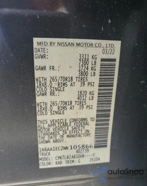 2022 Nissan Titan S из США, поврежденный, VIN 1N6AA1EC2NN105866